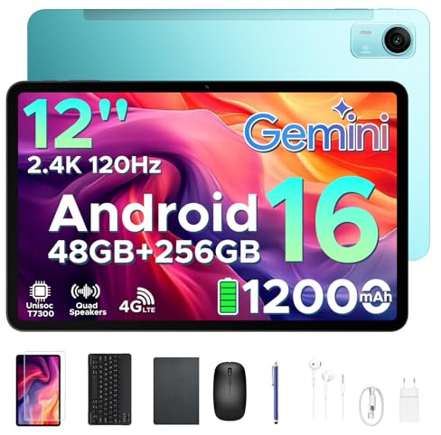 Easerush P12 Pro Tablet con Sim 2.4K 120Hz & Gemini AI, 48GB+256GB/2TB Tablet 12 Pollici & 12000mAh/18W Tablets Android 16, T7300 Octa Core Tablets con Tastiera, 4 Speakers/Widevine L1/Mouse/Custodia