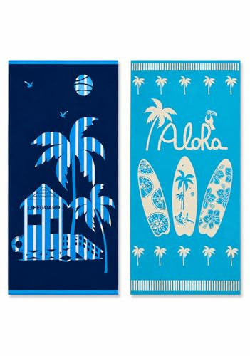 Large Egyptian Beach Towels For Adults 100% Cotton - Pack of 2 | 90x170cm, 630g Each | Soft Thick Velour Front, Quick Dry Terry Back | Sand Free, Highly Absorbent | Premium Holiday Towels