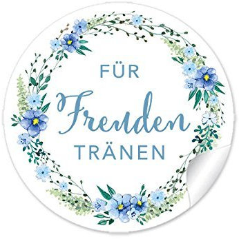 72 Sticker Für Freudentränen BLAU GRÜN mit Blütenkranz, Für Taschentücher, Taschentuchverpackung, Gastgeschenke, Hochzeitsmarmelade, Tischdeko, für Selbstgemachtes, Aufkleber 4 cm, rund, matt