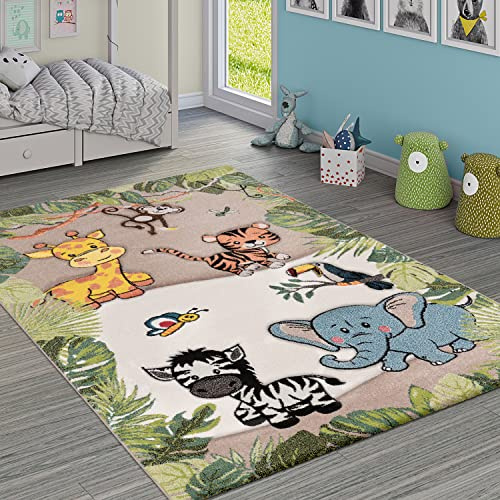 Paco Home Tappeto per bambini, giungla con animali, beige e crema, Dimensione:80x150 cm