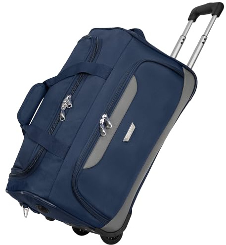 Rocklands® Lightweight Wheeled Holdall Small Duffle Trolley Suitcase Thick Heavy-Duty Cross Nylon EVA-Backed Front, Hard Base Carry On Travel Bag (Small - 20 (H52xW32xD30 cm), Navy)