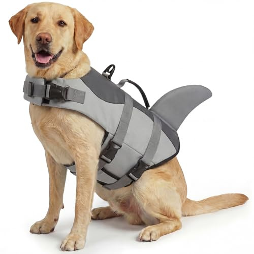 ASENKU Dog Life Jacket - Pet Safety Vest for Swimming & Boating, Shark Life Jacket with Floatation, Dog Lifesavers Swimsuits for Small Medium Large Dogs (Grey, L)