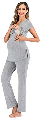 rismart Dam moderskap och amning pyjamas set kortärmad gravid sjukhus nattkläder t-shirt topp med byxa, Ljusgrå, S