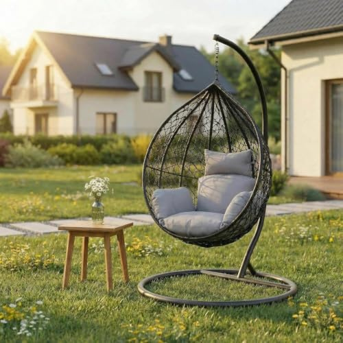 Alivio Big Basket Hanging Egg Chair with Cushions – Freestanding Wicker Rattan Swing Chair for Indoor Outdoor Patio Garden, Weather Resistant, Grey (195 x 120 cm)