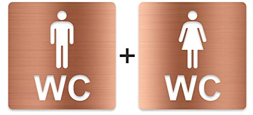3D WC Schild, Metall-Optik, Hochglanz/Matt, selbstklebend, Damen, Herren, Türschild, Hinweisschild, Toilette, Acryl/Holz (Set, Kupfer (gebürstet))