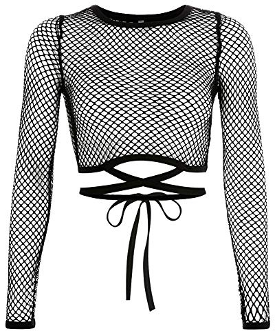XGOPTS Maglietta a rete da donna - Sexy Slim Fit manica lunga maglia pura camicia - vedere attraverso camicetta trasparente - Crop Casual Clubwear, Nero , M