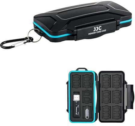 JJC Speicherkarte Schutzhülle Aufbewahrung mit USB 3.0 Kartenleser für 10 SD SDXC SDHC + 16 Micro SD TF + 2 Micro SIM + 2 Nano SIM Karten, Memory Card Case Wasserdichte SD Etui Schutzbox mit Karabiner