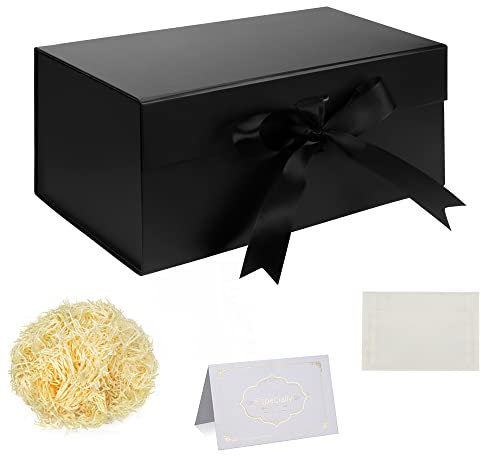 Schwarz Geschenkbox mit Schleife 28x18x12cm Tiefe Geschenkbox mit Magnetdeckeln zerrissenes Seidenpapier Grußkarten für Weihnachten Geburtstag Hochzeitstag