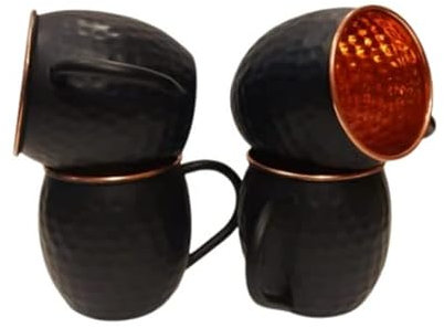 Ornate Internationlal 16 Oz Black Matte Moscow Mule Copper Cups and Barrel Mugs, Moscow Mule Mug with Rose Gold Copper Rims, Set of 4 (black 1)