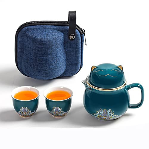 LingXuanGe Juego de té chino Kung Fu de gato de la suerte juego de té portátil juego de té japonés taza de té portátil, ollas para té suelto juego de té de cerámica regalo para mujeres (color: verde)