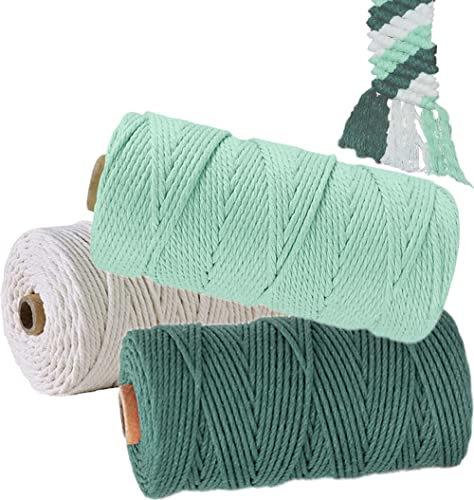 Makramee Garn 2mm x 100m 3er Set, WINOK Bunte Makramee-Schnur, DIY Naturgarn Makramee-Seil Baumwollschnur Baumwollgarn Schnur Baumwollkordel für Wandpflanze Handwerk - Weiß Dunkelgrün Hellgrün