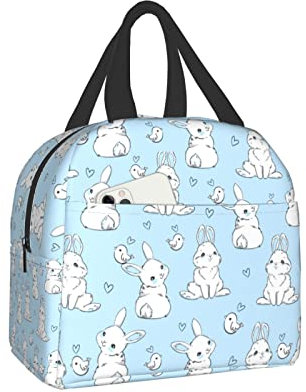 XVBCDFG Divertida fiambrera de conejito y pájaros, caja Bento, bolsa de almuerzo impermeable reutilizable con bolsillo frontal para oficina, Picnic, senderis