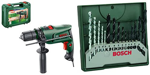 Bosch Schlagbohrmaschine EasyImpact 600 (600 Watt, im Koffer) & 15tlg. Mini-X-Line Spiralbohrer Mixed-Set (Holz, Stein und Metall, Zubehör Bohrmaschine)