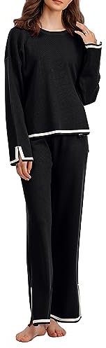 HodJIU Loungewear Strick-Set für Damen, Pullover, Top, kurzärmelig, und Hose, weites Outfit, Entspannung, Nachtwäsche, lässig, 2-teiliges Set, A-Schwarz, 38