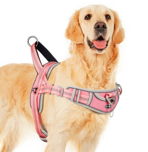 ADVENTUREMORE No Pull Dog Harness for Large Dogs, Sport Dog Halter Harness Reflective Breathable Dog Vest Escape Proof Dog Harness with Easy Control Front Clip Handle for Training Walking XXL Pink