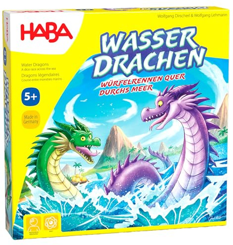 HABA Wasserdrachen – Würfel- und Taktikspiel für Kinder ab 5 Jahren – Spannendes Drachen-Brettspiel mit Holzfiguren – Familienspiel für 2–4 Spieler – 1307133001