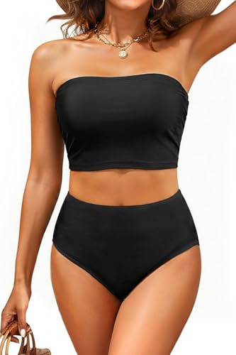 Tempt Me Women Black Bandeau Bikini Set Strapless High Waisted Two Piece Swimsuit Longline Bathing Suits L
