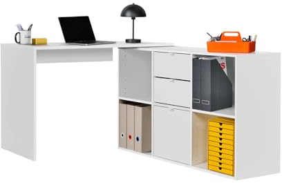 mokebo Eckschreibtisch klein in Weiß mit Schubladen & Fächern 'Der Produktive', auch als Schreibtisch oder Arbeitstisch im Büro, Kinderschreibtisch oder Gaming Tisch 112x77x54 (B/H/T in cm)