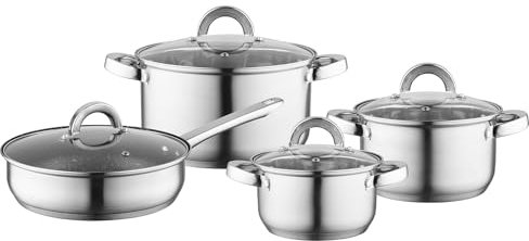 FLORINA Set Pentole Induzione LOGAN I Set di 8 Pezzi con Padella in Acciaio Inox I Lavabili in Lavastoviglie I Manici Rivettati I Scala per Misure I Adatte a Tutti i Tipi di Fornelli, Induzione
