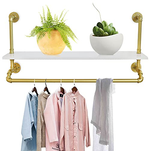 SuhoFutus Kleiderstange Wandmontage, Wandgarderobe mit Ablage im Industrierohr Stil, Kleiderstange Wand Wäscheständer, Kleiderständer und Regal für Schlafzimmer, Wohnzimmer, Gold, 100 * 25 * 50cm