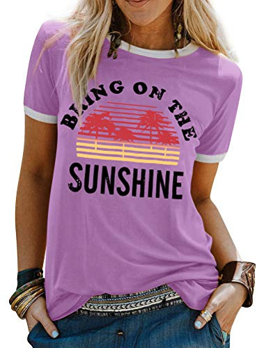 WIEIYM Maglietta da donna Bring On The Sunshine, maglietta estiva casual, maglietta girocollo a maniche corte, con stampa camicetta, taglie S-XXL, A-Lilla, XXL
