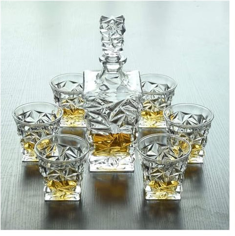 Juego de decantador y vasos de lujo, Juego de decantador, decantador de cristal for alcohol con tapón, decantador de vino de diseño cuadrado, decantador de 750 ml y vasos de 260 ml