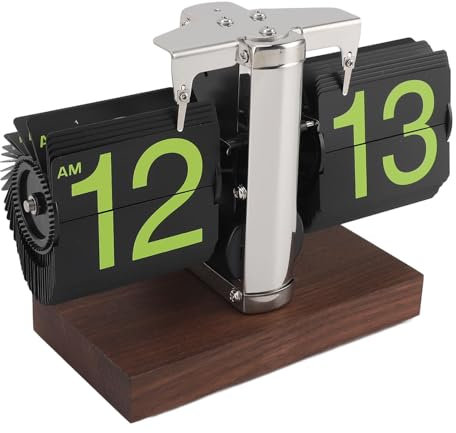 Greensen Retro Digitale Flip Uhr 12H-AM&PM-Etiketten Flip Tischuhren mit Schwarze-Walnuss-Basis Mechanische Schreibtisch-Uhr(Schwarzer Hintergrund mit Grünen Zeichen)