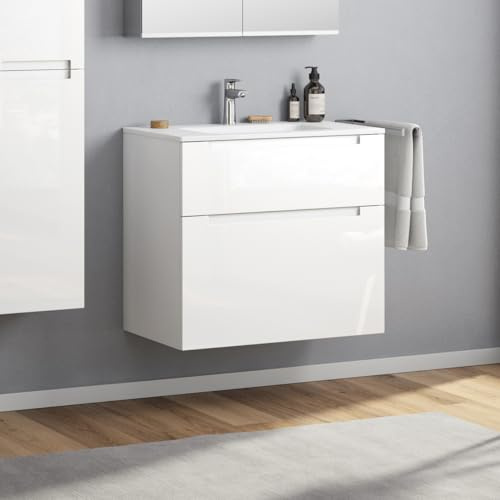 Zentrobad Premium Waschbecken mit Unterschrank lackiert 80 cm Waschtisch Badmöbel Badezimmer Schrank Badschrank mit Zwei Schubladen (Weiß glänzend)