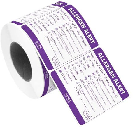 600pcs Purple Food Allergen Warning Labels - Kitchen Safety Stickers for Catering and Storage Box