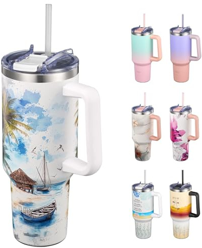 THILY Isoleringsmugg i rostfritt stål 1180 ml med handtag – vakuumisolerad resekopp, tätande lock, 34 timmar kallt och 12 timmar varmt, diskmaskinssäker, inkl. 2 sugrör + borste, kustbris