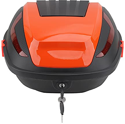 JOMRTS Motorcycle Storage Box, Universal Motorcycle Tour Tail Box Scooter Trunk Luggage Top Lock Storage Carrier Case,w/Soft backrest and Mounting Hardware - Helmet Storage Box -30L Capacity (Orange)