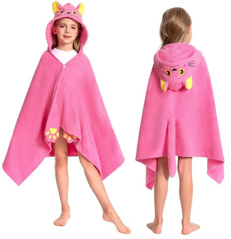 OLAOLA Toalla de Baño con Capucha para Niños, Toallas de Playa Microfibra Suave para Nadar Surfear, Poncho de Baño para Niños y Niñas de 3 a 12 Años (Gato)