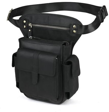 Le'aokuu Hombres Cuero Genuino Bolsa de Pierna Bolso de Cintura con Cinturón Bolso Multifuncional Militar Táctico Bolsa de Escalada Moto Bicicleta Senderismo Deportes Camping 913-5 (913-5 Negro 2)