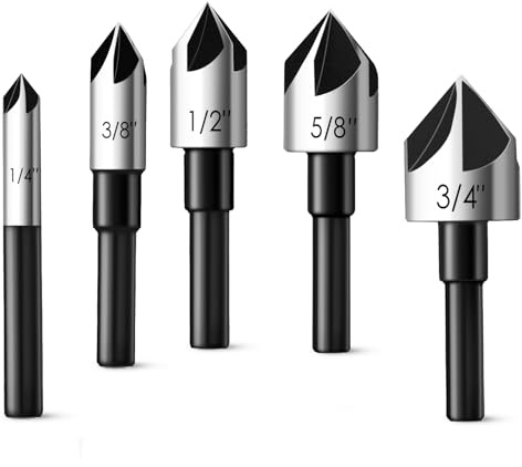 Kegelsenker-Bohrer-Set, Feanron Senk-Bit, 5 Stück, 6,35 mm Schaft, Hss4241 Bohrer für Stahl, 1/4 Zoll, 3/8 Zoll, 1/2 Zoll, 5/8 Zoll, 3/4 Zoll Ezarc Kegelsenker-Bohrer-Sets für Holz, Metall und