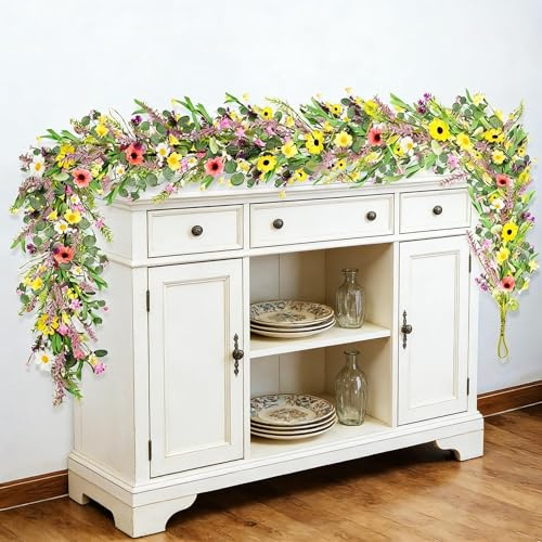 2Pcs 6.5 Ft Summer Flower Vine Garlands Artificial Wildflower Wisteria Lavender Daisy Spring Garland Not Withering Floral Wreath Garland All Year Round Home Decor for Indoor Outdoor Home Wedding Arch