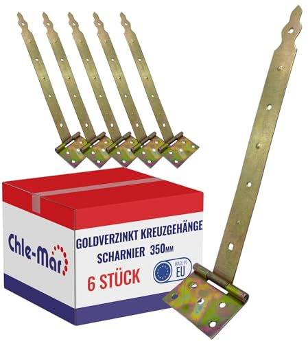 Chle-Mar 6x Verzinkte Scharniere Schwerlast für Holztüren 350 mm | Tor Scharnier Wetterfest, Stabiles Gartentor Scharnier, Robustes Ladenband für Türen & Möbel, Kreuzgehänge Langlebig