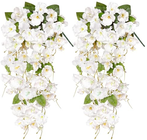 Dremisland 2PCS 55cm Artificial Hanging Flowers Fake Hibiscus Flowers for Outdoor White Hibiscus Bouquet UV Resistant Fake Hanging Plants Long Trailing Vine for Outside Planter Porch Patio Yard