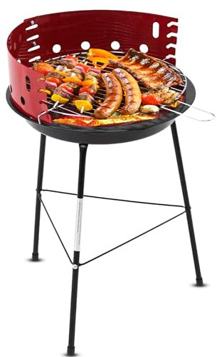Muntel Holzkohlegrill, Ø 37 cm, Dreibein, BBQ, Kohlegrill für Barbeque Camping, Terrasse, Picknickgrill, Grill mit Windschutz, Rundgrill, Schwarz/Rot