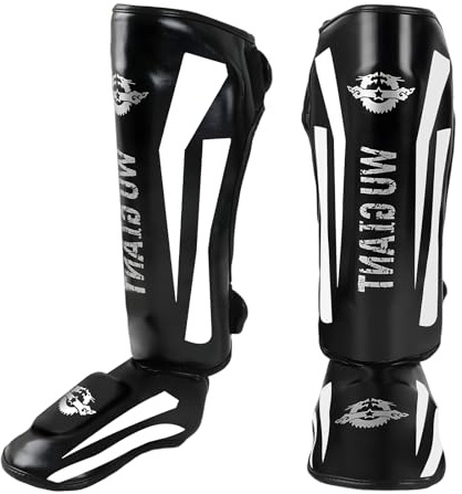 Snovire Espinilleras para kickboxing, ajustables, extra gruesas, con protección en el empeine, espinilleras profesionales para Muay Thai, MMA, boxeo, kickboxing (negro, L: 160-185 cm (KGr.))