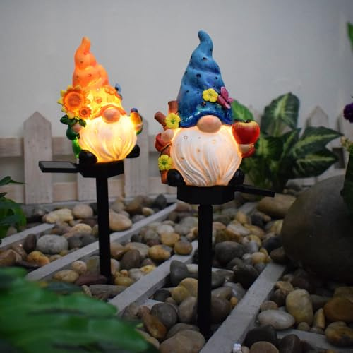 YZYOE 2 paquets de LED solaire alimenté nain elfe lumières, atmosphère extérieure lumières de décoration, et 2 mignonne résine naine elfe cour lampe paysage.
