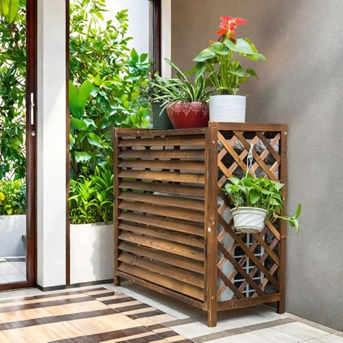 JPQTRYDRIS Cache Climatiseur Exterieur en Bois, Couvre Climatiseur Bois Marron Rack De Climatisation Extérieur, Cache-Radiateur en Bois, Présentoir, Crème Solaire, Imperméable, Cadre Renforcé(S)