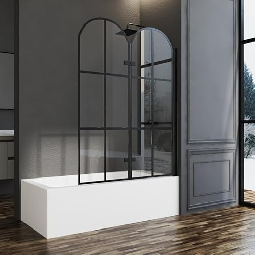 Goezes Duschwand für Badewanne 120x140cm Schwarz 2-teilig faltbar Badewannenaufsatz, Badewannenfaltwand Trennwand mit 6mm ESG Glas, Gewölbter Schwarzer Badewannen Duschabtrennung