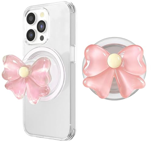 DOINEUFL Magnetic Phone Grip, Cute Bow Shaped Foldable Mobile Cell Phone Holder, Multi-angle Transparent Grip Holder for Smartphones, Pads (Pink)