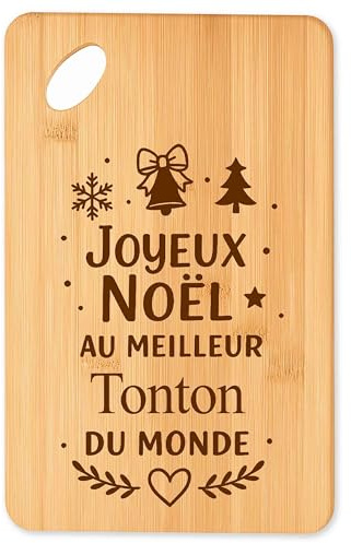 Planche à Découper Joyeux Noël au Meilleur Tonton du Monde - Plateau Apéro en Bambou Cadeau Noël Gravé Collègue Cuisine Barbecue