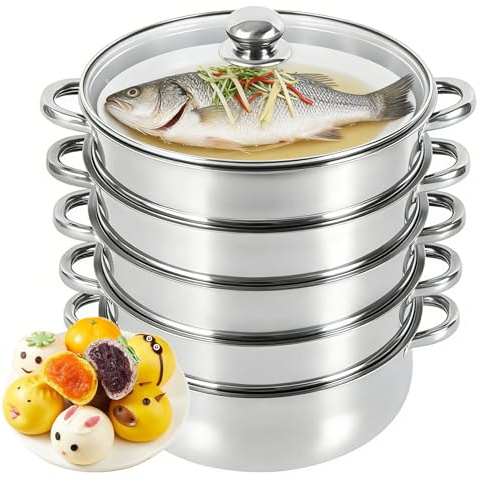 Steamer Pot with Vented Glass Lid, 5 Tier Food Stainless Steel Steamer Pan, Large Dumpling Steamers Pot Cooking Pans Saucepan for Vegetable Dumplings, Work with Gas, Induction Hob, Grill Stove Top