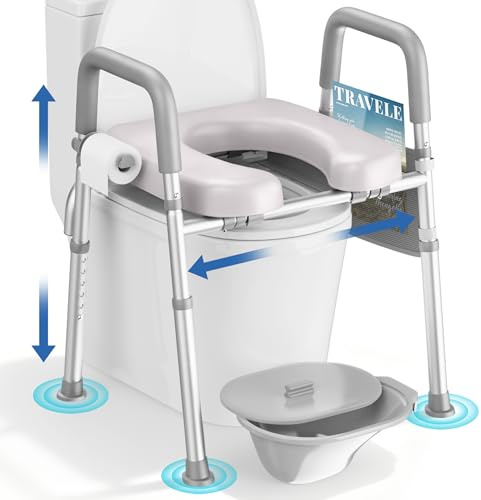 KEKOY Raised Toilet Seats for Elderly, 7 Heights & 3 Widths Adjustable | Raised Toilet Seat with Handles, A-Frame Anti-Tip Legs & Commode Bucket, Tool-Free Installation, Gray