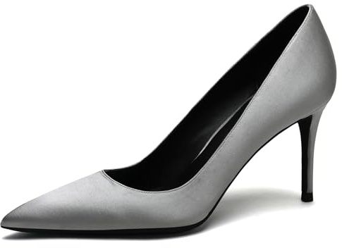 Damskor satinpumps spetssko pianoklack 8 cm gummisula slip-skor business kontor brud gästskor kvällsfest bröllop flerfärgad, silver, 42 EU
