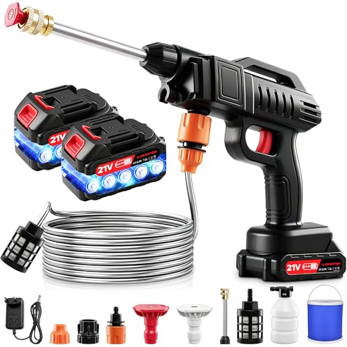 Yelyee Idropulitrice a Batteria 60 Bar 215L/h, Idropulitrice Portatile 21V 2x2.0Ah Senza Fili con Secchio, Pistola Alta Pressione per Auto Giardino Moto - 5m Tubo