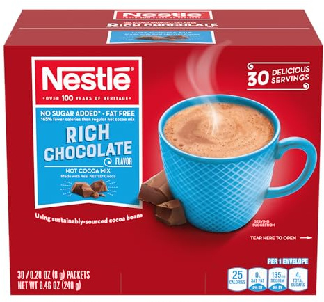 Nestle Hot Chocolate Packets, Hot Cocoa Mix, No Sugar Added and Fat Free, Bulk Pack, 0.28 oz Packet (Pack of 30)