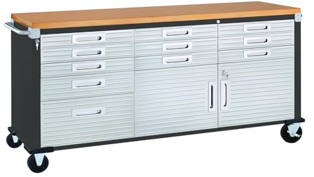 Seville Classics UltraHD Heavy Duty Rolling Cabinet Workbench Table w/Solid Wood Top, Workstation for Garage, Warehouse, Office, Workshop, 77 W x 20 D x 37.5 H, Graphite, 11-Drawer